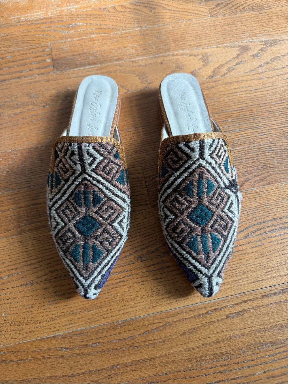 Embroidered Pointed Mule Slides in Teal and Brown